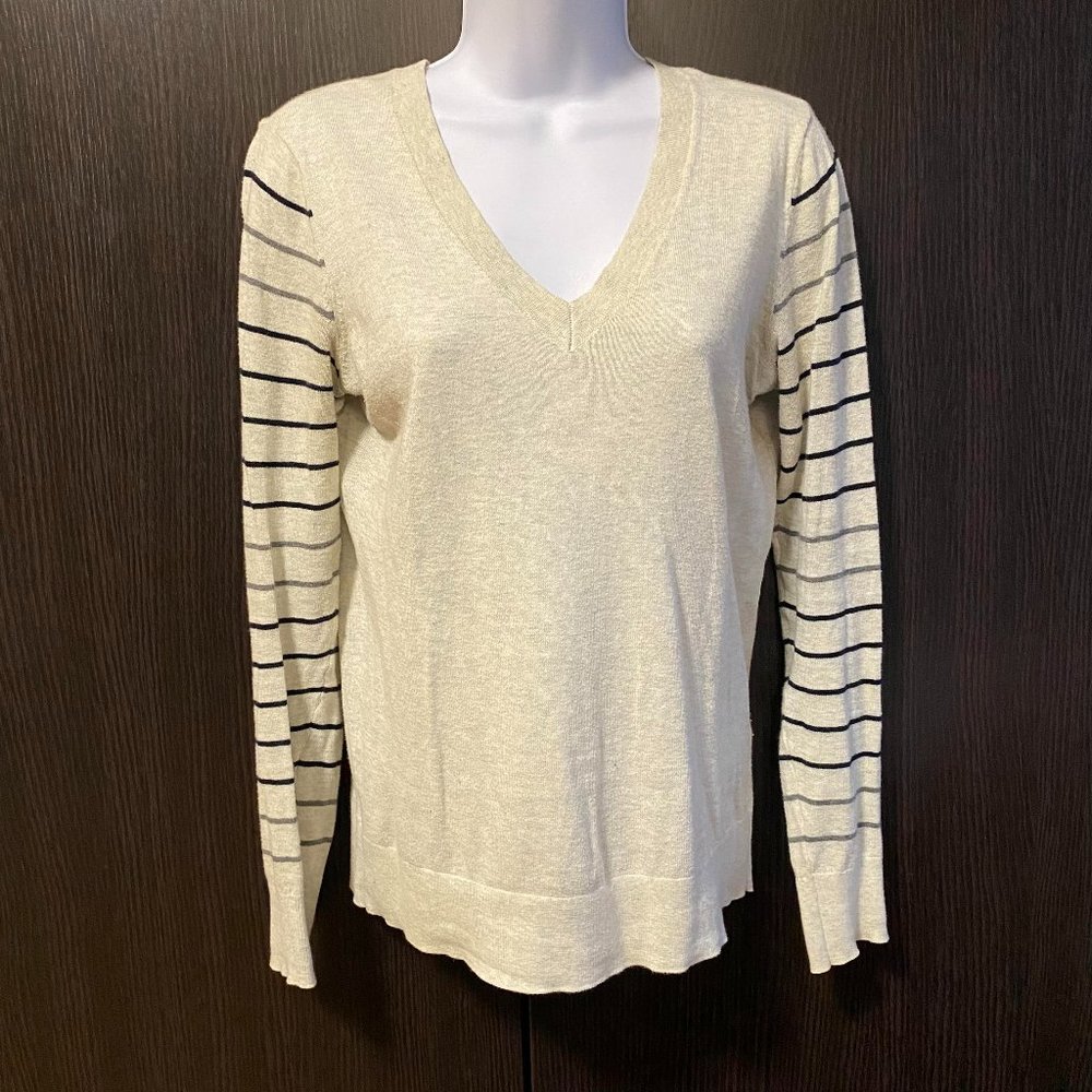 LOFT Grey Striped Sleeve V-Neck Sweater
